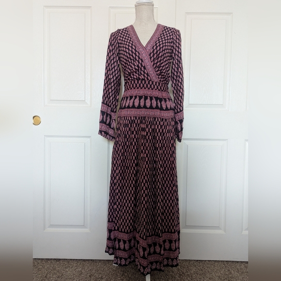 Anthropologie Raga Pink/Navy Avah Print Split Front Long Sleeve Maxi Dress - Picture 5 of 11